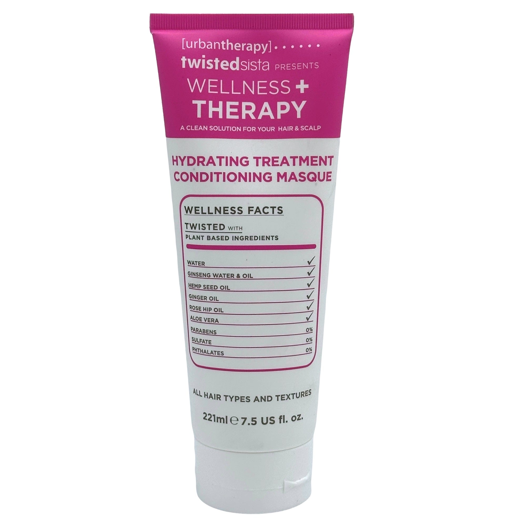 Pink and white tube of Twisted Sista Wellness + Therapy hydrating hair masque.